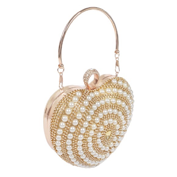 Elegant Gold Rhinestone & Pearl Accent Heart Shape Box Clutch - Picture 3 of 7